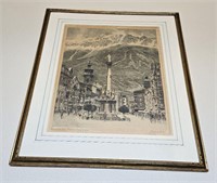VINTAGE FRAMED EUROPEAN ETCHING CITY VIEW 71