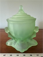 Art deco green depression dresser jar with lady