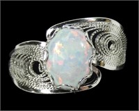 Sterling silver cabochon lab fire opal ring, new,