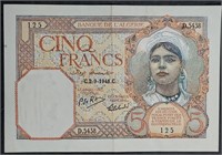 1941  WWII  Algeria  5 Francs note