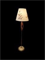 1950's Teak And Brass W. Flower Artwork Shade Lamp