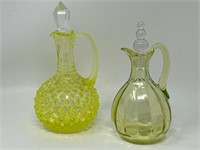 Hobnail Vaseline Glass Cruet & Green