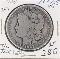 1887O Morgan Silver Dollar 7/6 tail feathers VG