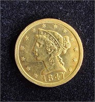 1847 $5 HALF EAGLE CORONET GOLD COIN