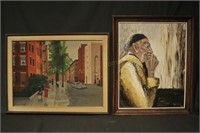 2 Vintage Paintings. Rabbi. NYC Cityscape