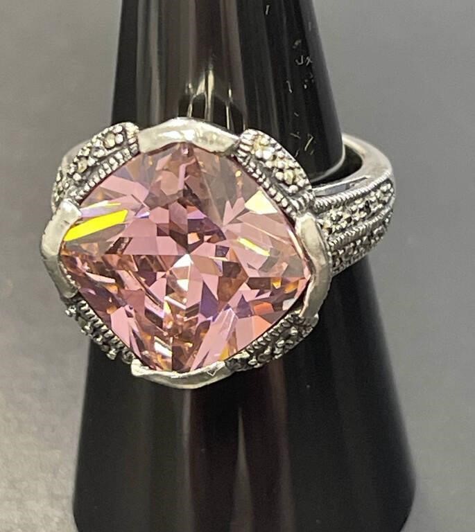 Sterling and Marcasite Ring with Pink Stone