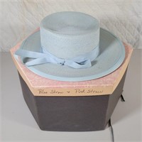 Vtg Women's Blue Straw Hat & Box