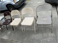 2 Tan, 1 Khaki, 1 Dark brown steel folding chairs