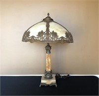 Slag Glass Panel Lamp on an Akro Agate Lamp Base