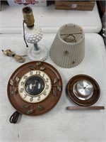 MILK GLASS DRESSER LAMP, CLOCK & BAROMETER