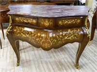 Marquetry Inlaid Marble Top Bombe Console.