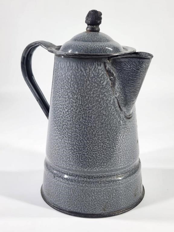 ANTIQUE GREY AGATE GRANITEWARE COFFEE POT