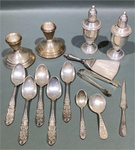 STERLING SPOONS, TONGS, & WEIGHTED LOT