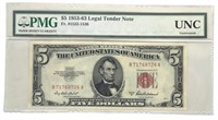 1953 A $5 U.S. Legal Tender Note PMG UNC