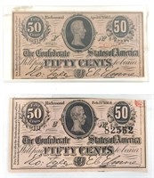 (2) 1864 Confederate States America 50 Cent Notes