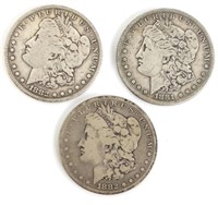 1881-S & (2) 1882 Morgan Silver Dollars