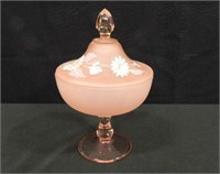 Pink Frosted Glass Candy Dish; 9¼" h
