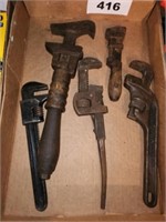 5 OLDER ADJUSTABLE PIPE WRENCHES