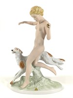 Royal Dux Bohemia Nude w Greyhound Figurine 14"