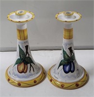Pair of hand-painted Italian ceramic candlesticks