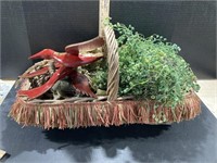 Wicker Basket,Decorative Flowers, 2 Wooden Birds