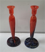 Pair of Czech hand-blown art glass candlesticks