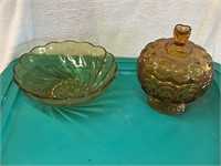 AMBER COLORED GLASS COVERED DISH AND BOWL - NICE