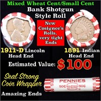 Mixed small cents 1c orig shotgun roll, 1911-d Whe