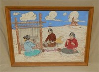 Framed Painting on Textile of Weavers.