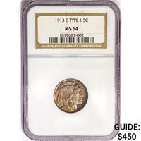 1913-D Buffalo Nickel NGC MS64 Type 1