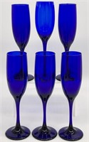 6pc Cobalt Blue Glass Champagne Flutes