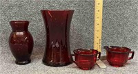 RUBY glass: 2 vases, sugar and creamer