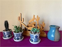 Southwest Wood Cutout, Artificial Potted Cacti ++