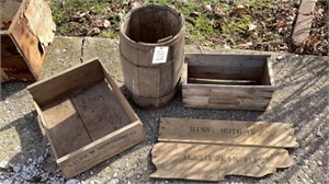Wood barrel, boxes
