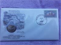 US LEWIS AND CLARK KEEL BOAT FIVE CENT COIN/STAMP