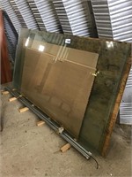 3 SHEETS OF THICK GLASS, PLYWOOD, TRACKS