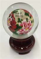 Reverse Painted Glass Ball On Wooden Stand