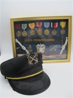 AMAZING SHADOW BOX OF WW2 NAVY MEDALS&CAPTAIN HAT