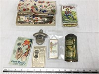 Vintage containers with contents, ads, bottle