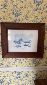 Antique extra wide oak framed print of a