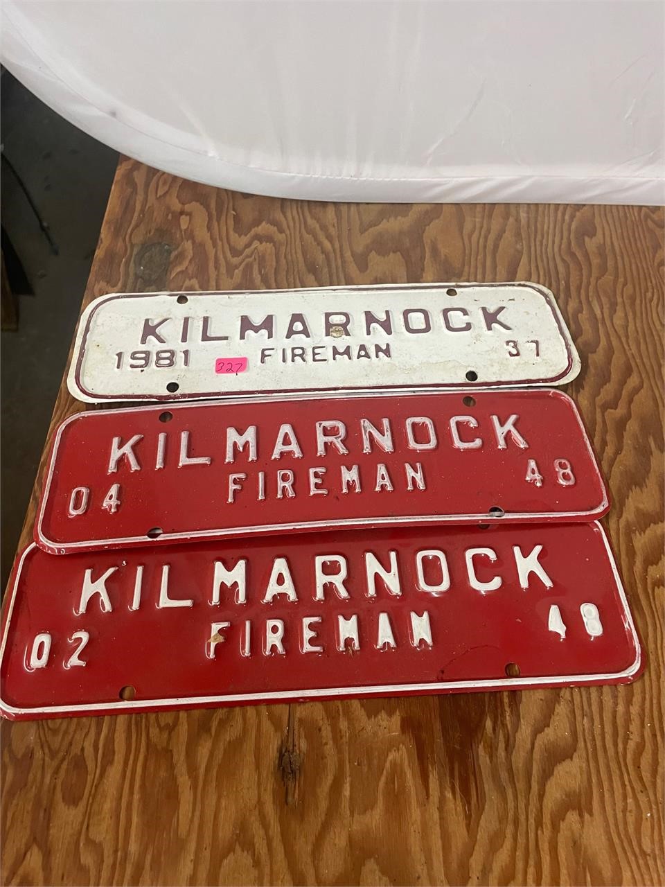 3 Vintage Kilmarnock Fireman License Plate Toppers