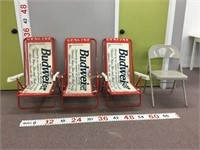 3 Budweiser Lawn Chairs, 1 Steel Folding Chair
