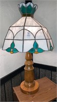 Turned wood lamp w/ leaded glass shade 30’’ h