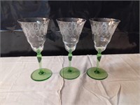 3 Uranium Etched Wine Glasses