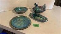 Carnival glass dishes, hen on nest