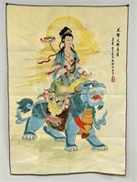 embroidery on silk - Goddess riding Lion -23 x 34"
