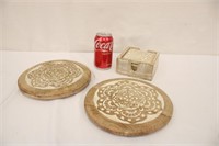 Hand Carved Mango Wood Coasters & 2 Trivets