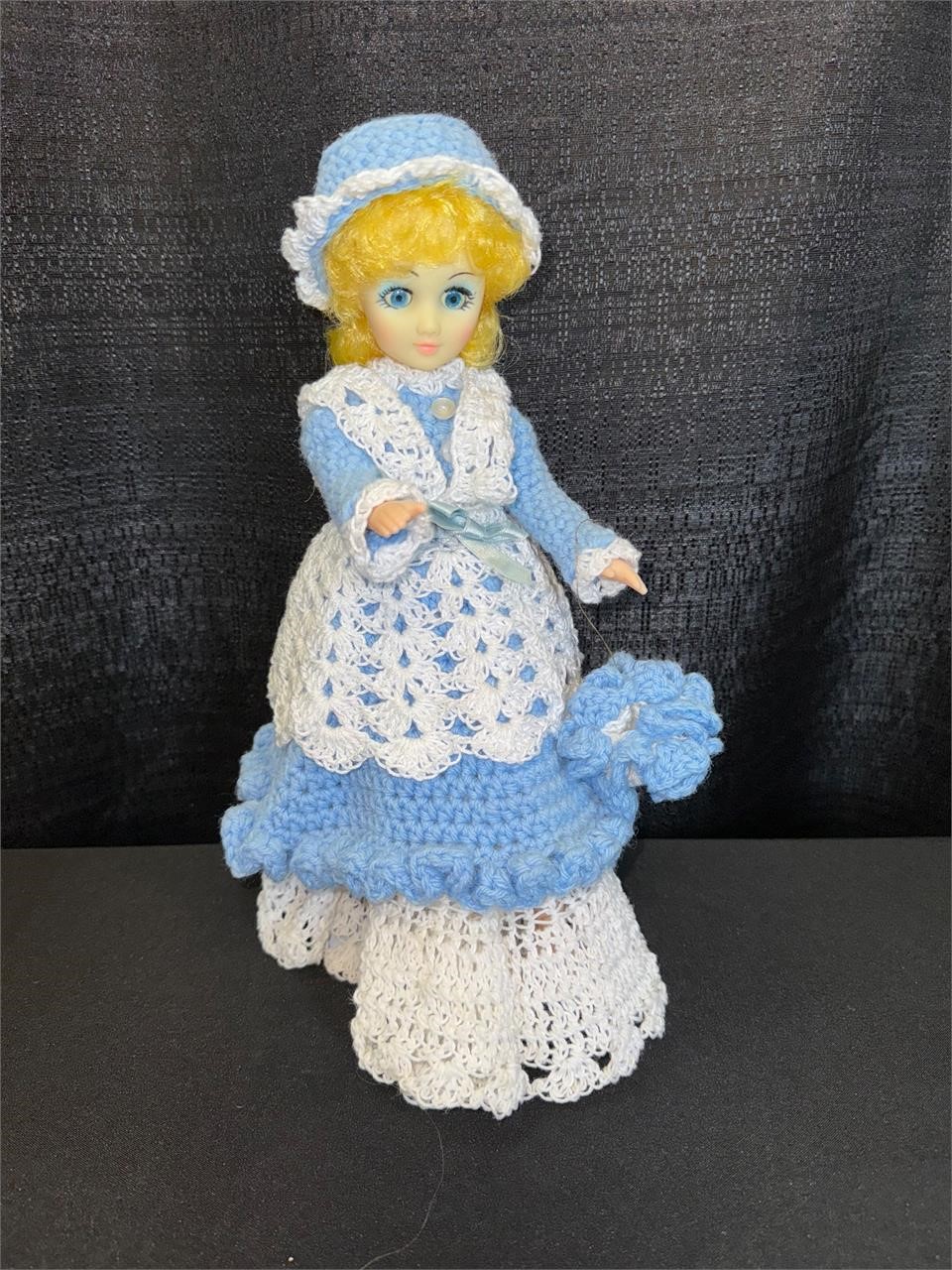 Doll In Blue & White Crochet Dress