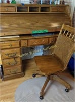 Oak Roll Top Desk, Rolling Swivel Office Chair,