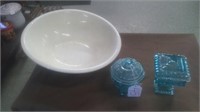 2 BLUE GLASS CONTAINERS/WHITE BOWL